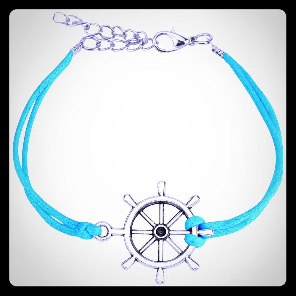 Blue ship wheel leather bracelet